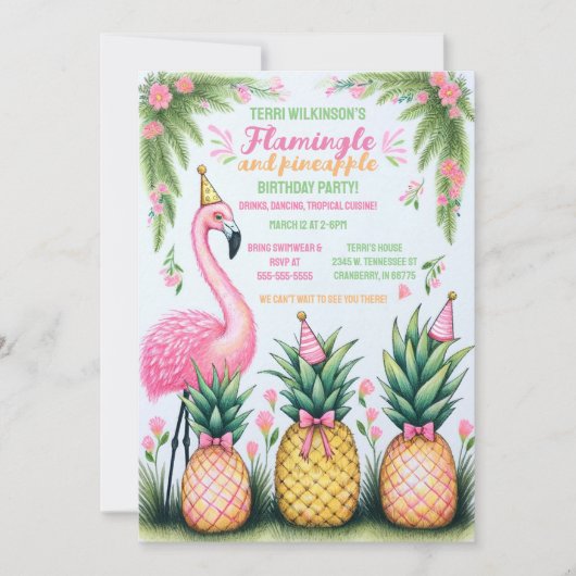 Tropische Flamingo en Ananas Verjaardagsfeest Kaart (Voorkant)