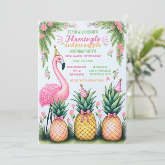 Tropische Flamingo en Ananas Verjaardagsfeest Kaart (Staand voorkant)