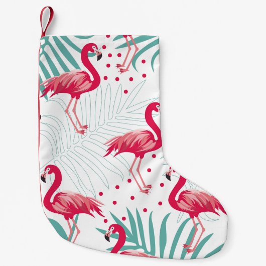 Tropische flamingo en bladeren, zomerpatroon. kleine kerstsok (Voorkant)