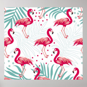 Tropische flamingo en bladeren, zomerpatroon. poster