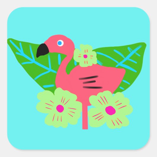 Tropische Flamingo en Bloemen Vierkante Sticker (Voorkant)