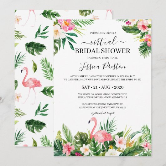 Tropische Flamingo en Floral Virtual Vrijgezellenf Kaart (Voorkant / Achterkant)
