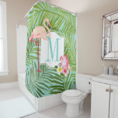 Tropische Flamingo en Hibiscus Flowers Monogram Douchegordijn (In situ)