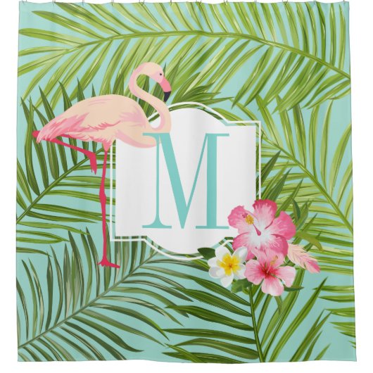 Tropische Flamingo en Hibiscus Flowers Monogram Douchegordijn (Voorkant)