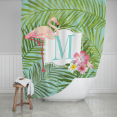 Tropische Flamingo en Hibiscus Flowers Monogram Douchegordijn