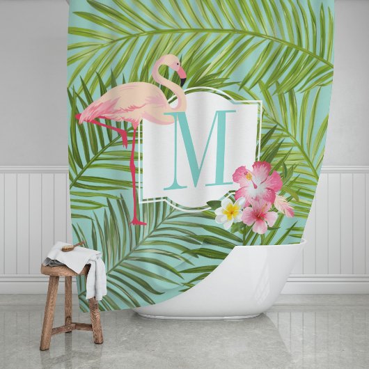Tropische Flamingo en Hibiscus Flowers Monogram Douchegordijn