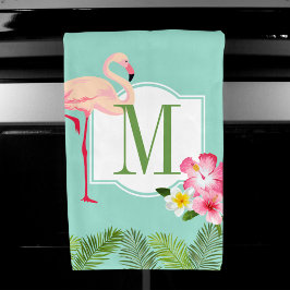 Tropische Flamingo en Hibiscus Flowers Monogram Handdoek