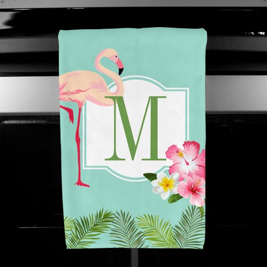 Tropische Flamingo en Hibiscus Flowers Monogram Handdoek
