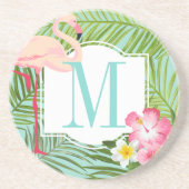 Tropische Flamingo en Hibiscus Flowers Monogram Zandsteen Onderzetter (Voorkant)
