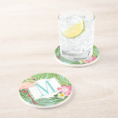Tropische Flamingo en Hibiscus Flowers Monogram Zandsteen Onderzetter (Zijkant)