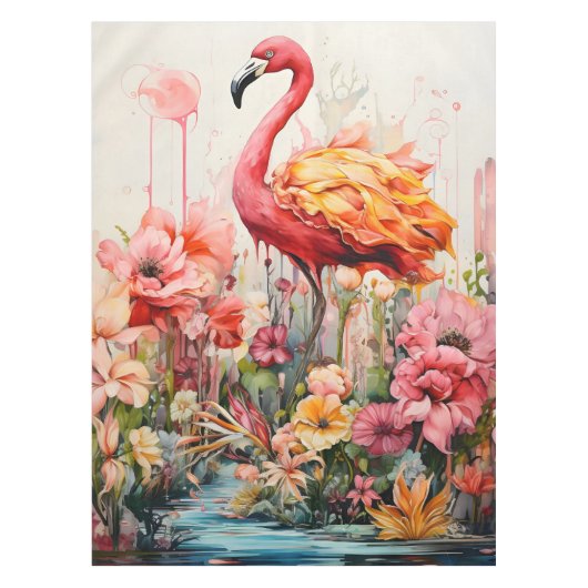 Tropische Flamingo Fantasie Paradijs Bloom Tafelkleed (Voorkant)