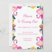 Tropische Flamingo First Birthday Invitation Kaart (Voorkant)