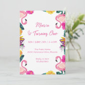 Tropische Flamingo First Birthday Invitation Kaart (Staand voorkant)