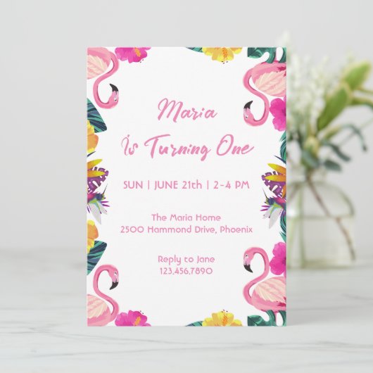Tropische Flamingo First Birthday Invitation Kaart (Staand voorkant)