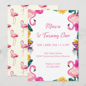 Tropische Flamingo First Birthday Invitation Kaart (Voorkant / Achterkant)