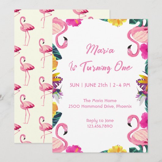Tropische Flamingo First Birthday Invitation Kaart (Voorkant / Achterkant)
