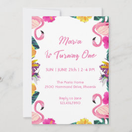 Tropische Flamingo First Birthday Invitation Kaart