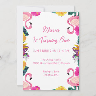 Tropische Flamingo First Birthday Invitation Kaart