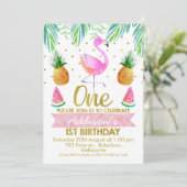 Tropische Flamingo First Birthday Invitation Kaart (Staand voorkant)