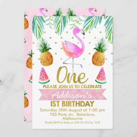 Tropische Flamingo First Birthday Invitation Kaart (Voorkant / Achterkant)