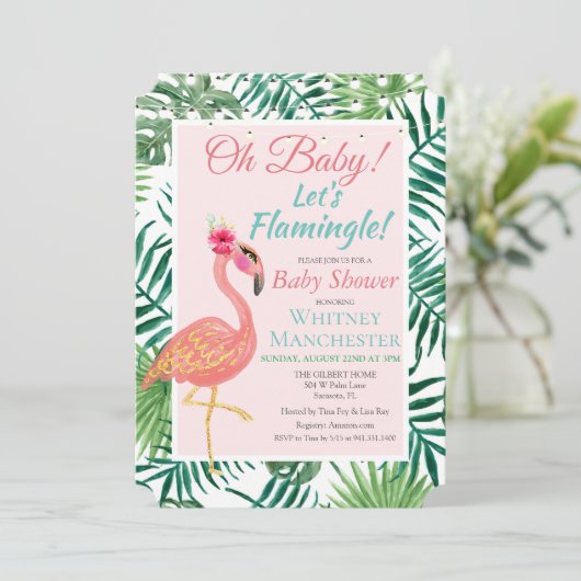 Tropische Flamingo Flamingle Baby shower Uitnodigi Kaart (Staand voorkant)