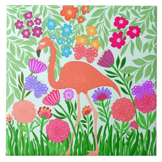 Tropische Flamingo Floral Butterfly Garden Art Tegeltje (Voorkant)