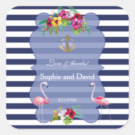 Tropische Flamingo Floral Luau Navy Stripes Huweli Vierkante Sticker