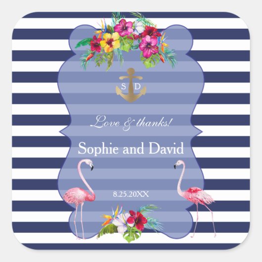 Tropische Flamingo Floral Luau Navy Stripes Huweli Vierkante Sticker (Voorkant)