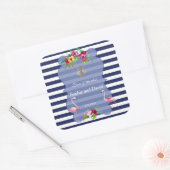 Tropische Flamingo Floral Luau Navy Stripes Huweli Vierkante Sticker (Envelop)