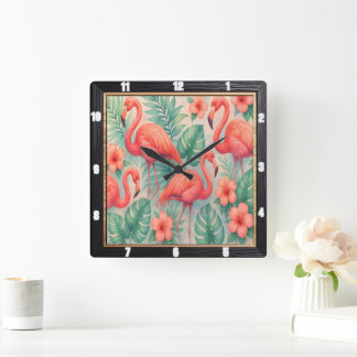 Tropische Flamingo Floral Vierkante Klok