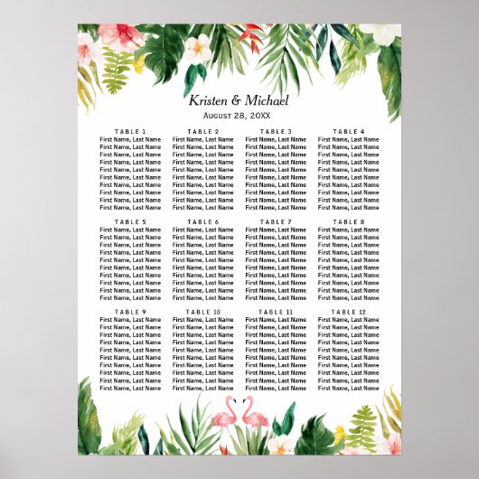 Tropische Flamingo Floral Wedding Seding Chart Poster (Voorkant)