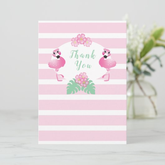 Tropische Flamingo Flowers Stripes roze Bedankkaart (Staand voorkant)