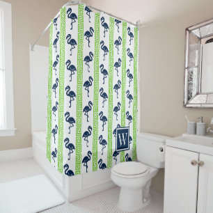 Tropische Flamingo - Griekse Key Lime & Marineblau Douchegordijn