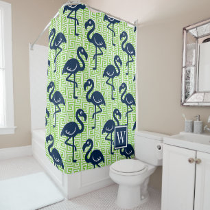 Tropische Flamingo - Griekse Sleutel Navy & Lime Douchegordijn