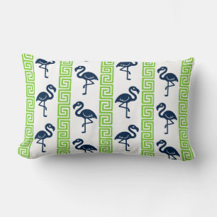 Tropische Flamingo - Griekse Sleutel Navy & Lime Kussen