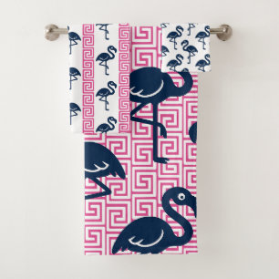 Tropische Flamingo - Griekse Sleutel Roze & Marine Bad Handdoek