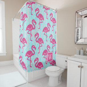 Tropische Flamingo - Griekse Sleutel Turquoise & H Douchegordijn