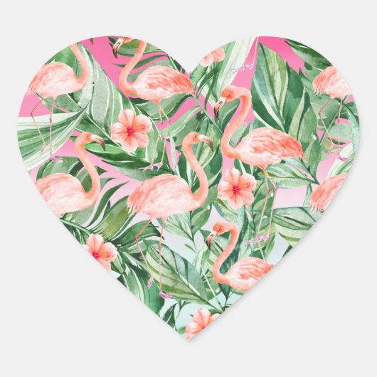 Tropische Flamingo Hibiscus Roze Munt Bloemen Hart Sticker (Voorkant)