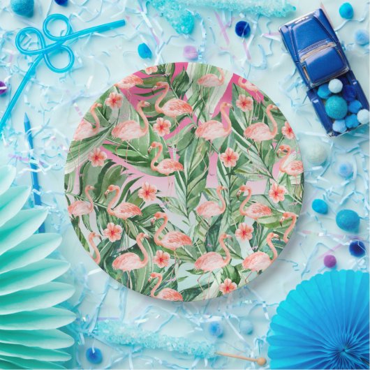 Tropische Flamingo Hibiscus Roze Munt Bloemen Papieren Bordje (Feest)
