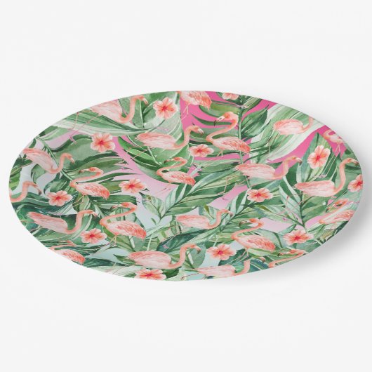 Tropische Flamingo Hibiscus Roze Munt Bloemen Papieren Bordje (Gekanteld)
