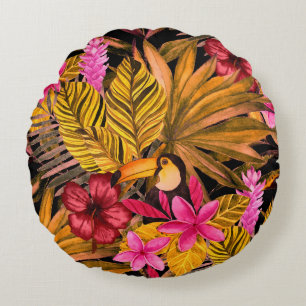 Tropische Flamingo: Hibiscus zomerpatroon Rond Kussen