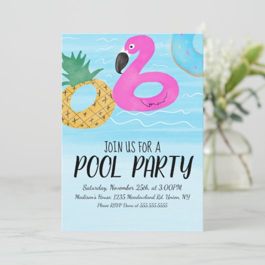 Tropische Flamingo Inflatable Ring Party Birthday  Kaart (Staand voorkant)