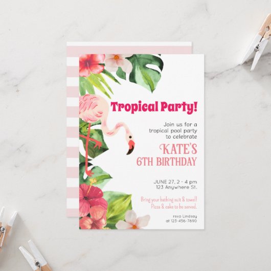 Tropische Flamingo Invite / Pool Party Invitation Kaart (Voorkant / Achterkant in situ)