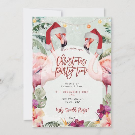 Tropische flamingo kerstfeest uitnodiging (Voorkant)