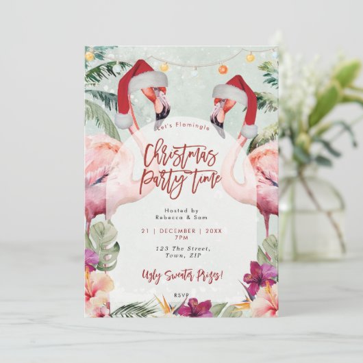 Tropische flamingo kerstfeest uitnodiging (Staand voorkant)