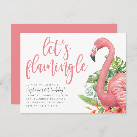 Tropische Flamingo Let's Flamingle Birthday Uitnodiging Briefkaart (Voorkant / Achterkant)