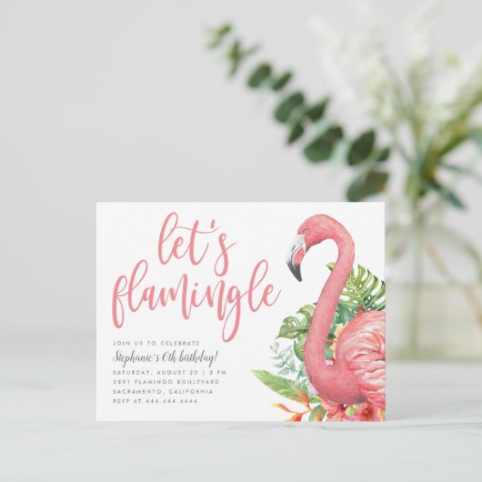 Tropische Flamingo Let's Flamingle Birthday Uitnodiging Briefkaart (Staand voorkant)