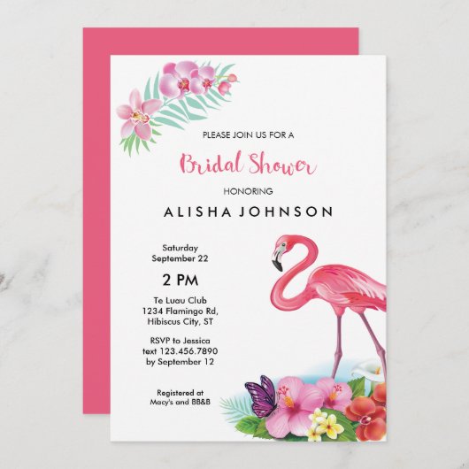 Tropische Flamingo Luau Bridal Shower Uitnodiging (Voorkant / Achterkant)