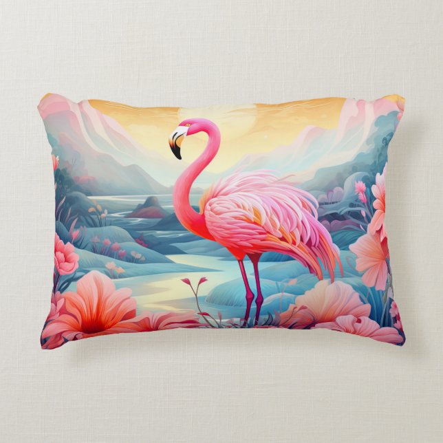 Tropische Flamingo met Bloemen Accent Kussen (Voorkant)