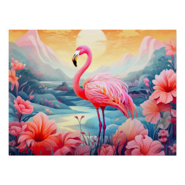 Tropische Flamingo met Bloemen Perfect Poster